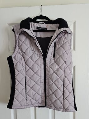 Andrew Marc Quilted Light Gray Vest with Black Trim and Collar